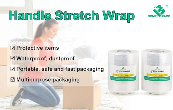 BOMEI PACK Plastics Industrial Mini Stretch Wrap Film Replacement 5" x 1000ft Roll, 80 Gauge for Moving, Packing Wrap Industrial Strength- Self Adhering Packaging Heavy Duty, 2 Pack