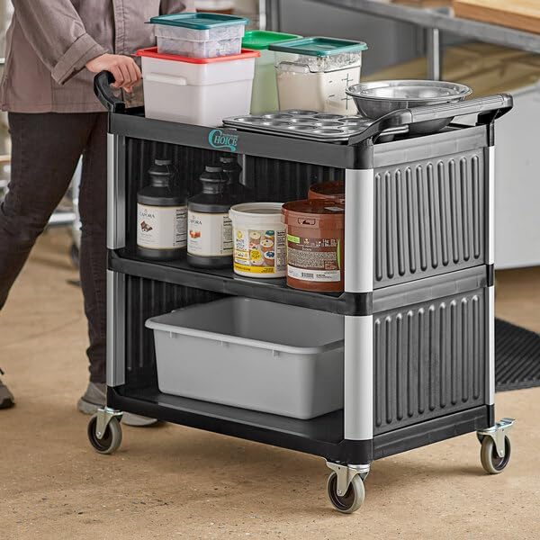 3-Shelf Black Plastic Utility Cart with Side Panels, 38 x 20 Inches, 450 lb Capacity, Medium Duty Bussing Cart with Casters