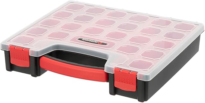 INTERTOOL Hardware Organizer with 13 Removable Bins - Small Parts Storage Tool Box for Nuts, Bolts, Screws, Nails - Portable Handle Transparent Lid with Locks BX08-4031