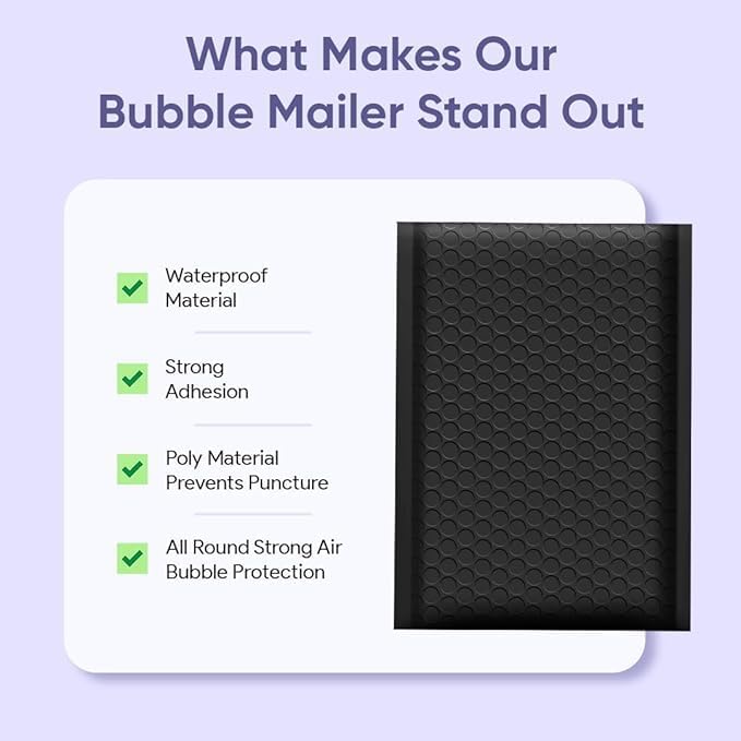 Black Large Poly Bubble Mailers 12x15 inch | Self Seal Padded Envelopes Cushioned Bubble Mailer | Usable Size 12x15 | WaterProof | Lightweight mailing Shipping Bags | 50 Pack Bulk