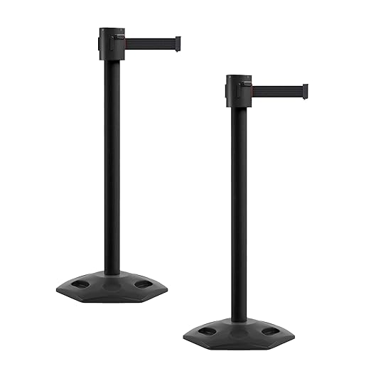 Montour Line MSR760 Set of 2 Retractable Belt Barrier Stanchion, Rubber Base, Black Powder Coated Post (35 ft Black Belt)