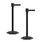Montour Line MSR760 Set of 2 Retractable Belt Barrier Stanchion, Rubber Base, Black Powder Coated Post (35 ft Black Belt)