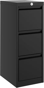 3-Drawer Metal File Cabinet with Lock, Vertical Filing Cabinet for Letter/Legal/A4/F4, Heavy Duty Steel Storage Organizer, Secure Office File Cabinet for Home Office, Black