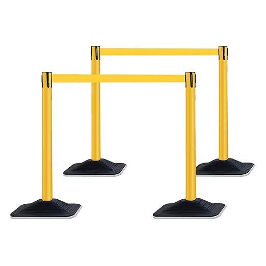 4 Pack Yellow Crowd Control Stanchion Set with 10FT Retractable Belt, Space-Saving Heavy Rectangular Base, Traffic Barrier Posts for Safety & Queue Management