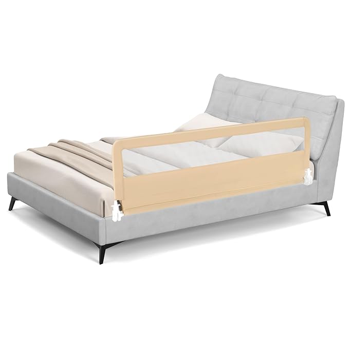BABY JOY Bed Rails for Toddlers, 71'' Extra Long, Upgraded Swing Down Bed Guard w/Safety Strap, Folding Baby Bedrail for Kids Twin, Double, Full Size Queen & King Mattress (71-Inch, Beige)