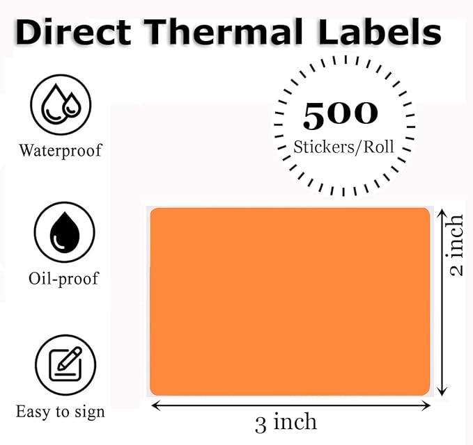 3" x 2" Thermal Labels Stickers Orange, Thermal Printer Shipping Stickers, Multipurpose Inventory Self-Adhesive Direct Thermal Label for Small Business (500 Labels/Roll)