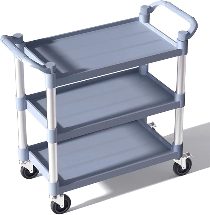 Plastic Utility Carts with Wheels, 3-Tier Large Size Restaurant Food Cart, Heavy Duty 600lbs Capacity Rolling Service Cart w/Hammer for Commercial, Kitchen, Office (Lockable Wheels, L-Grey)