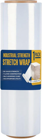 Industrial Stretch Film Wrap – 18" x 1000 FT x 80 Gauge, 1 Roll Heavy Duty Pallet Wrap | Clear Plastic Moving Wrap for Packing, Shipping, Furniture & Luggage – Durable Self-Adhering Shrink Wrap Roll