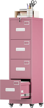 Aobabo File Cabinet 4 Drawer with Wheels, Lockable Office Metal Filing Cabinet with Name Card for Office and Home,Assembly Required,Pink