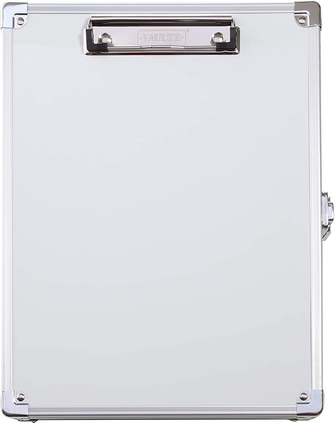 Vaultz Whiteboard Locking Storage Clipboard, Holds 8.5 x 11 Sheets, White/Silver/Black
