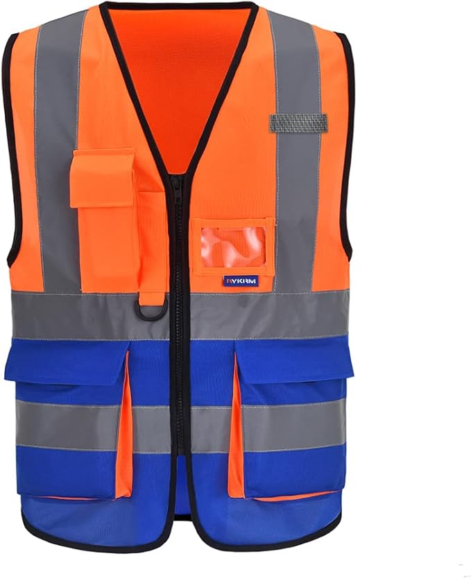Orange Blue SMALL High Visibility REFLECTIVE Safety Vest with 4 Reflective Strips 7 Pockets