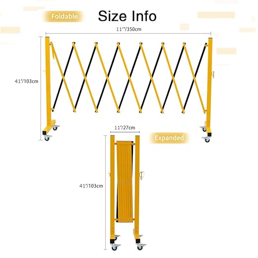 GYMTIME Expandable Metal Barricade, Portable Safety Traffic Barrier with Casters, Mobile Driveway Gate, Adjustable Security Fence, 11 Feet, Yellow and Black