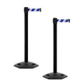CCW Series WBB-200 Set of 2 Outdoor Safety Rubber Base Stanchion Retractable Belt Barriers - Easy to Assemble, No Tools Required (11 Foot Belt, Blue and White Diagonal Belt with Black Post)
