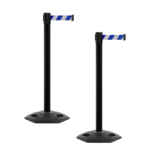 CCW Series WBB-200 Set of 2 Outdoor Safety Rubber Base Stanchion Retractable Belt Barriers - Easy to Assemble, No Tools Required (11 Foot Belt, Blue and White Diagonal Belt with Black Post)