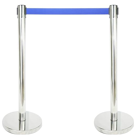 VIP Crowd Control Retractable Belt Stanchion Queue Safety Barrier Set, 36" Ht, 78" Belt + Wall Bracket (6 Mirror Posts Blue Belt + SFrame + WBracket)