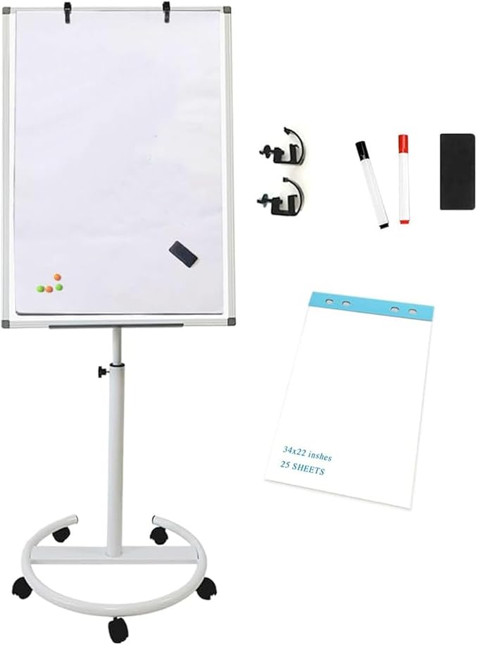 Mobile Dry Erase Board – 40x28 inches Height Adjustable Magnetic Portable Whiteboard Stand Easel White Board Flipchart Easel Board with 25 Sheets Paper Pad (40''x28'' White)
