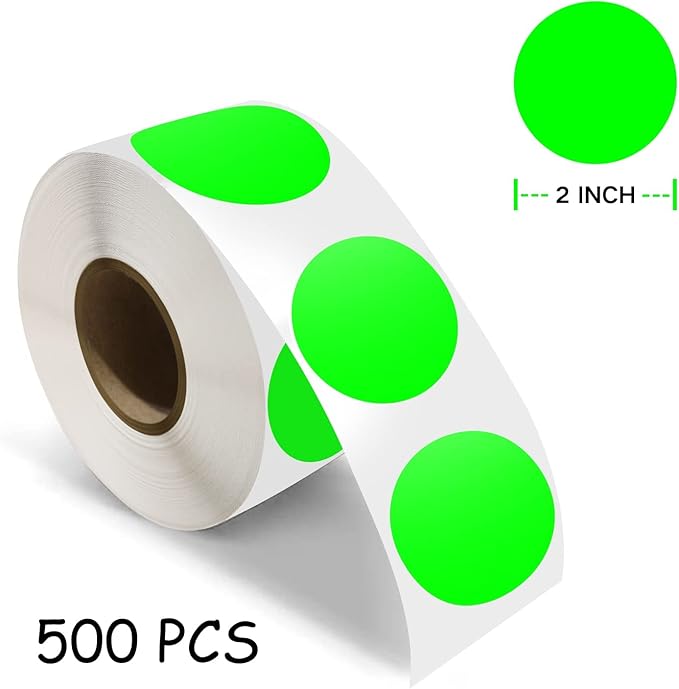 500 PCS Dot Sticker Tape 2" Inch Round Color Coding Labels Removable Writable Circle Floor Decal for Marking Organizing Social Distancing Green