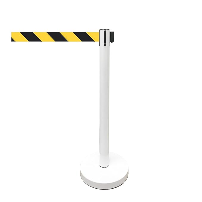 VIP Crowd Control Retractable Belt Stanchion Queue Safety Barrier Set, 36" Ht, 78" Belt (2 WHT Posts Black/Yellow Belt)