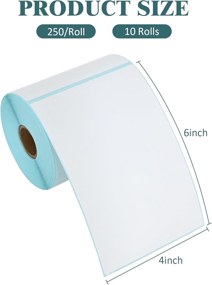 L LIKED 2500 PCS 4"x6" Thermal Shipping Labels, 250 Labels/Roll, White Perforated & Strong Adhesive Direct Thermal Labels, Compatible with Zebra, Rollo (10 Rolls)