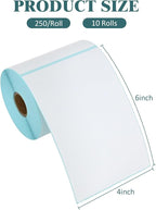 L LIKED 2500 PCS 4"x6" Thermal Shipping Labels, 250 Labels/Roll, White Perforated & Strong Adhesive Direct Thermal Labels, Compatible with Zebra, Rollo (10 Rolls)