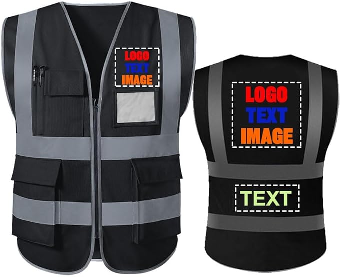 High Visibility Safety Reflective Vest with Pockets and Zipper Construction Hi Vis Work Vest(Black 3XL)