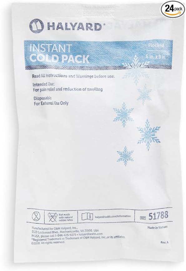 HALYARD Instant Cold Pack Disposable Cold Compress Ice Packs w/Flocking for Swelling Injuries Toothaches Sprains Strains 6 x 9 Inches, 24 Packs Per Case - 51788