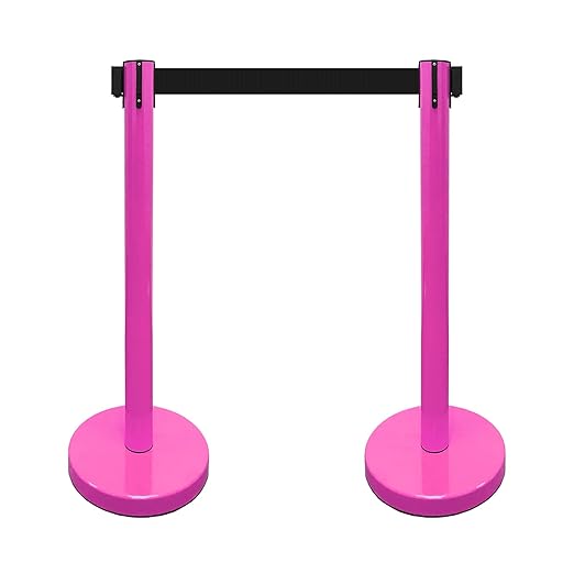 VIP Crowd Control Retractable Belt Stanchion Queue Safety Barrier Set, 36" Ht, 78" Belt (2 M.Pink Posts Black Belt)