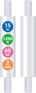 15in Stretch Wrap Roll - Heavy Duty Industrial Strength 15" 1200ft with Extended Cardboard Handles, Clear Cling Shrink Wrap Film Roll 60 Gauge - Ideal for Furniture, Moving, Pallet Packing(2 Rolls)