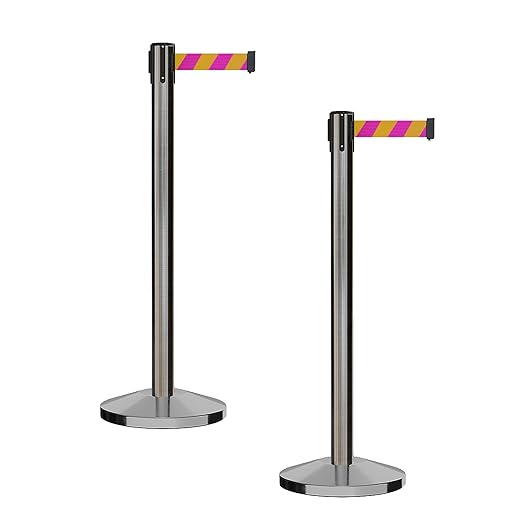 CCW Series RBB-100 - Set of 2 Stanchion Retractable Belt Barriers (7.5 Foot Belt, Magenta and Yellow Diagonal Belt with Satin Stainless Steel Post)