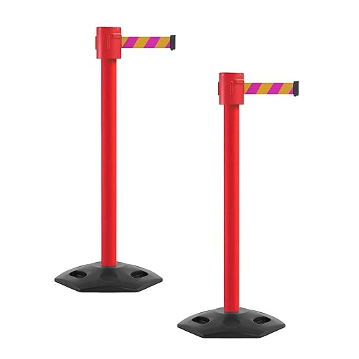 Montour Line MSR760 Set of 2 Retractable Belt Barrier Stanchion, Rubber Base, Red Post (35 ft Magenta and Yellow Diagonal Belt)