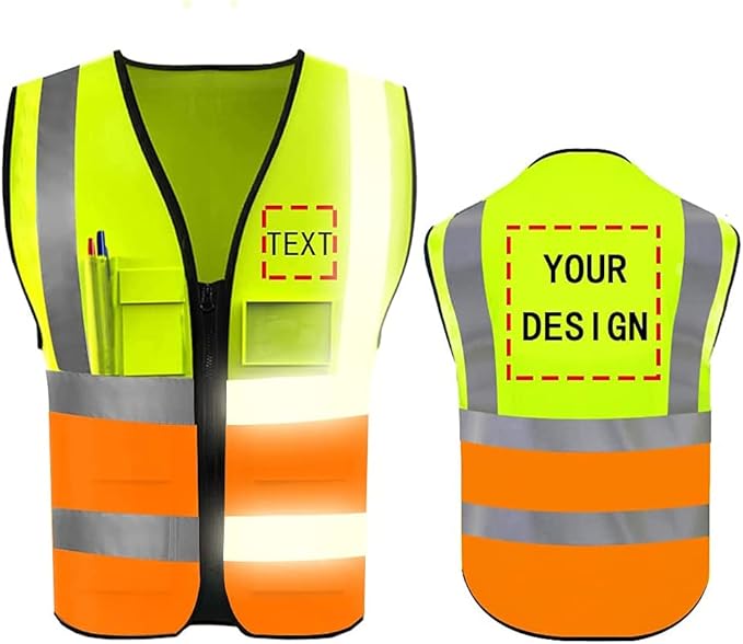 YOWESHOP High Reflective Visibility Safety Vest Custom Your Logo Safety Workwear with Reflective Strips and Front Zipper