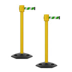 Montour Line MSR760 Set of 2 Retractable Belt Barrier Stanchion, Rubber Base, Yellow Post (35 ft Green and White Diagonal Belt)