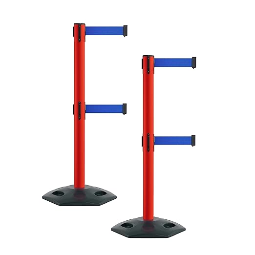 Montour Line MSR630D Set of 2 Retractable Belt Barrier Stanchion, Heavy-Duty Rubber Base, Red Post (7.5 ft Blue Dual Belt)