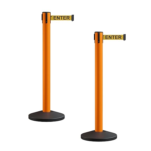 Crowd Control Warehouse CCW Series RBB-150 - Set of 2 Stanchion Retractable Belt Barriers - 16 Foot, Yellow"Caution - DO NOT Enter" Black Letters Belt with Orange Post - Easy Assembly