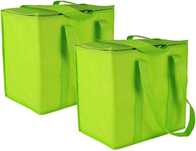 Ezek Reusable Insulated Grocery Bags in Green, Stand Upright, Double The Sturdy Zipper, Eco-Friendly Heavy Duty Non-Woven Reinforced Bottom & Handles.