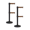 Crowd Control Warehouse CCW Series RBB-100D Set of 2 Stanchion Retractable Belt Barriers - Sloped Base, 9 Foot, Black and Orange Diagonal Dual Belt with Black Post - Easy Assembly