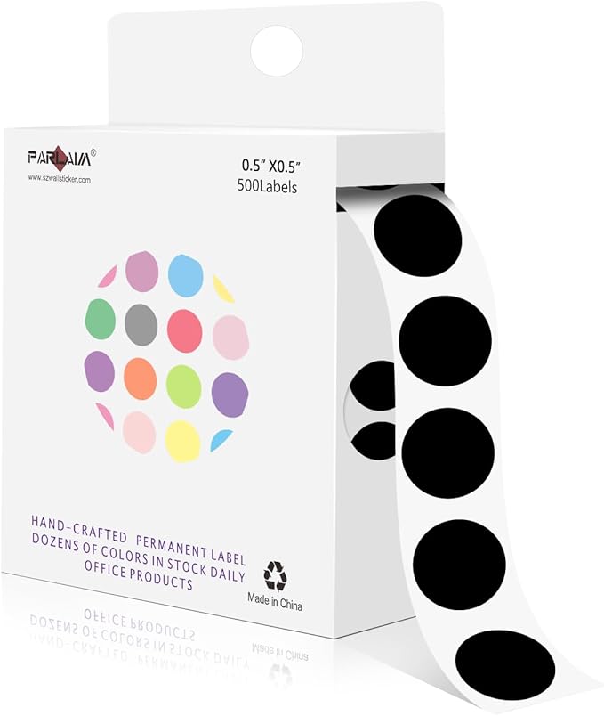 PARLAIM 1/2 Inch Round Adhesive Color-Code Dot Stickers,500 Stickers Inventory Dots Label in Dispenser Box,Black Circle Coding Labels for Office Home(Black)