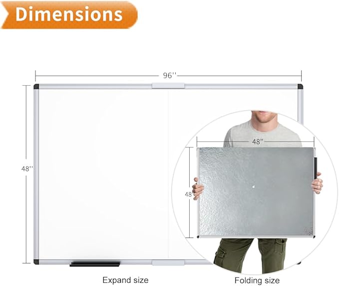 VIZ-PRO Magnetic Dry Erase Board, 96 X 48 Inches, Foldable Wall-Mounted Whiteboard with Silver Aluminum Frame & Marker Tray for School Office and Home 8' X 4'