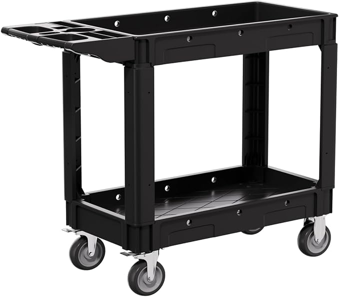 2-Tier Rolling Tool Cart,Heavy-Duty Plastic Service Cart with Lipped Shelves,550 lbs Capacity Utility Cart,40 x 17 Inch Rolling Work Carts for Garage,Salon,Kitchen,Office-Black