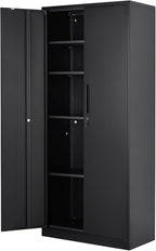 VEVOR Metal Storage Cabinet, Steel Locking Storage Cabinet with 2 Magnetic Doors and 4 Adjustable Shelves, 71'' Metal Cabinet 200 lbs Capacity per Shelf with 3 Keys, for Office, Home, Garage, Black