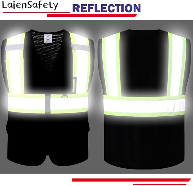 Safety Vest for Men Women,Mesh High Visibility Reflective Vest with Multiple Pockets and Zipper Front,Meets ANSI/ISEA Standards(EK1-178-Black-L)