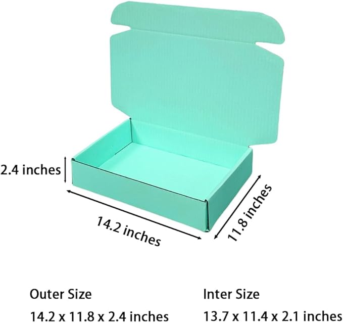 12 Pcs 14.2 x 11.8 x 2.4 inches Large Szie Corrugated Cardboard Gift Boxes Recyclable Shipping Boxes for Mailing & Holidays, Wedding, Birthday, Gifts Packaging (Mint green, 14.2 x 11.8 x 2.4")