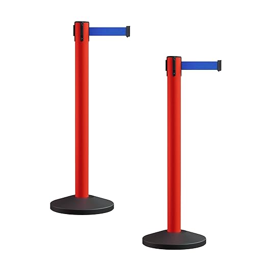 Crowd Control Warehouse CCW Series RBB-150 - Set of 2 Stanchion Retractable Belt Barriers - 16 Foot, Blue Belt with Red Post - Easy Assembly