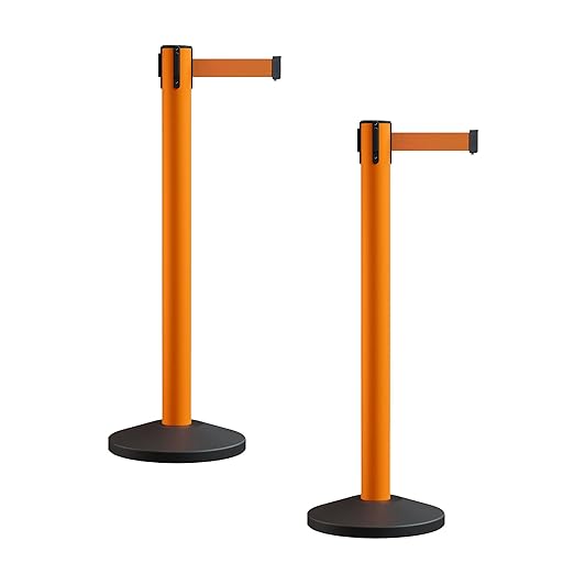 Crowd Control Warehouse CCW Series RBB-150 - Set of 2 Stanchion Retractable Belt Barriers - 16 Foot, Orange Belt with Orange Post - Easy Assembly