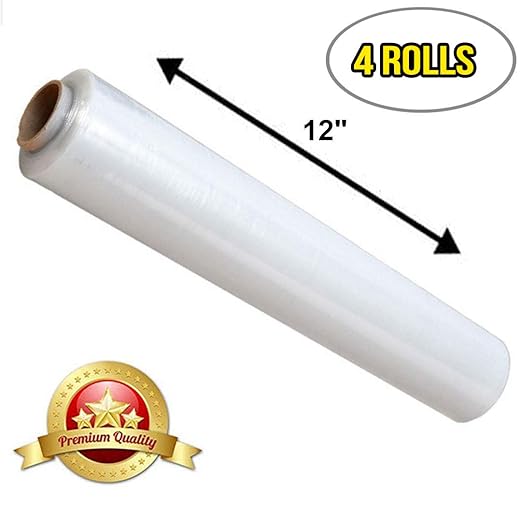 APQ 4 Rolls of Blown Hand Stretch Film 12" x 2000'. Clear Hand Stretch Wrap, 60 Gauge. Tear Resistant Residue Free Film for Moving, Shipping, Wrapping. Industrial Grade Pallet Shrink Wrap Film.