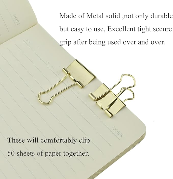 HAHIYO Binder Clips Paper Clamps Spring Steel Sturdy 0.98 inches Width 0.31 Inch Capacity No Sharp Edges Heavy Duty Tight Grip Reusable Gold Metal Bright Finish for Home Office School 25 Pack