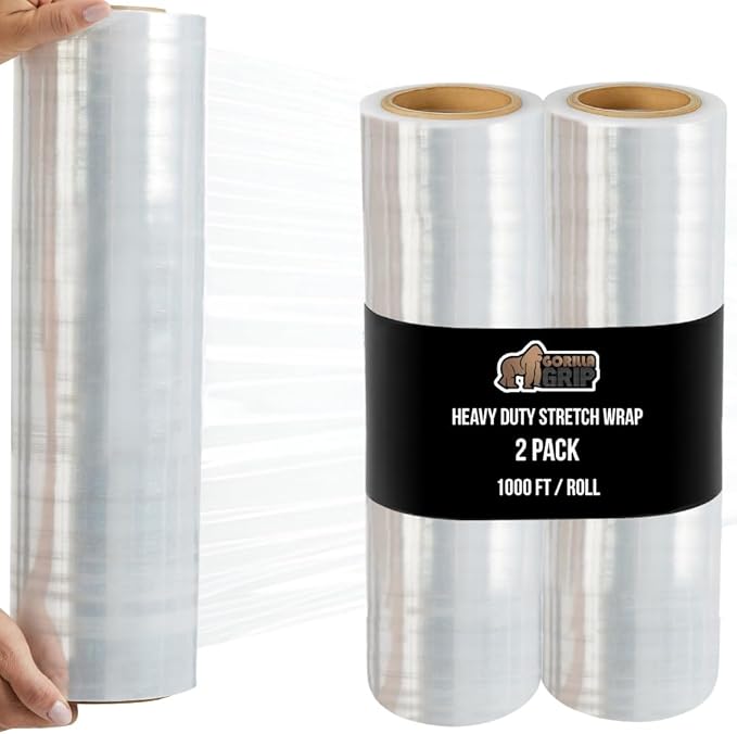 GORILLA GRIP 500% Stretch Film Heavy Duty Plastic, 2 Pack 1000ft Shrink Wrap Rolls 17" Puncture Resistant, Industrial Strength for Pallet Storing, Wrapping, Moving, Packing Furniture Protection Clear