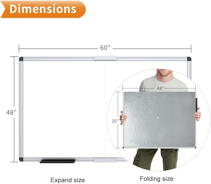 VIZ-PRO Magnetic Dry Erase Board, 60 X 48 Inches, Foldable Wall-Mounted Whiteboard with Silver Aluminum Frame & Marker Tray for School Office and Home 5' X 4'