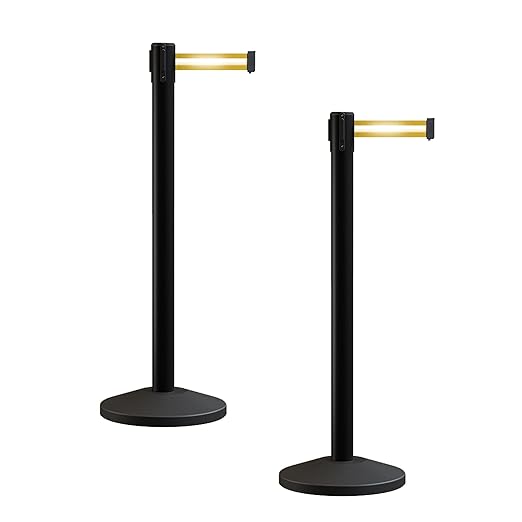 Crowd Control Warehouse CCW Series RBB-100 - Set of 2 Stanchion Retractable Belt Barriers - 9 Foot, Yellow Horizontal Reflective Stripe Belt with Black Post - Easy Assembly