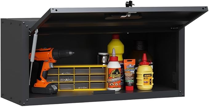 Metal Wall Cabinet with Up-flip Door, Lockable Steel Wall Mounted Storage Cabinet, Floating Tool Cabinet for Garage, Workshop, Warehouse, Kitchen, Bathroom, Assembly Required (Black 13.58"H)